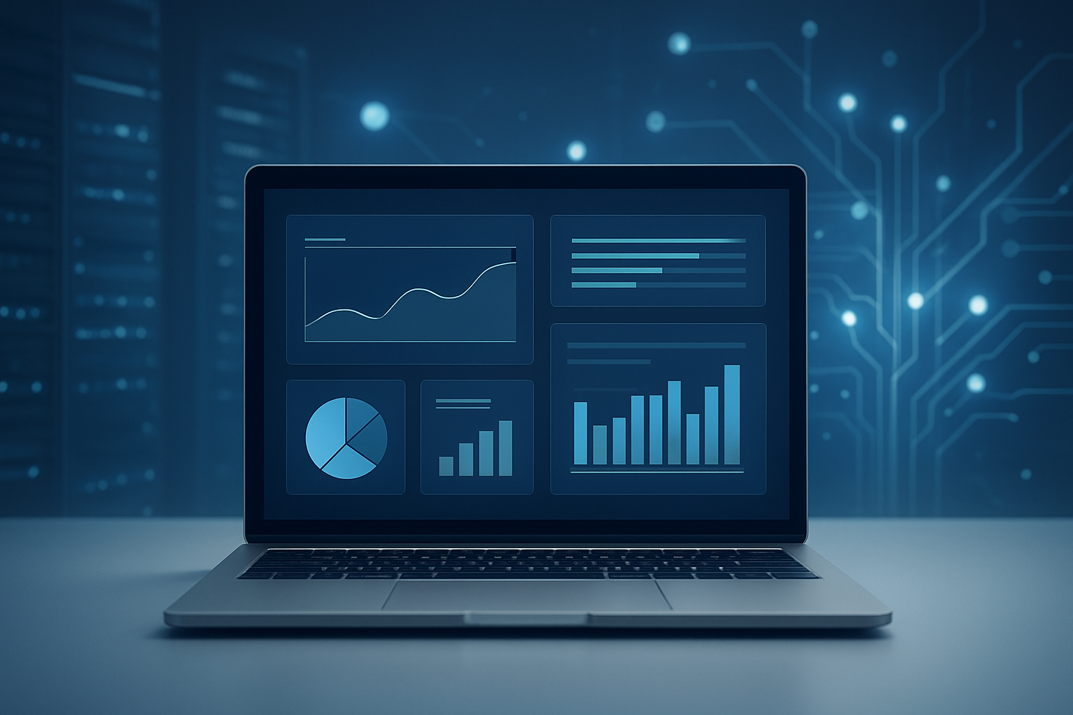 A laptop displaying various data analytics graphs on its screen, with a tech-inspired background.